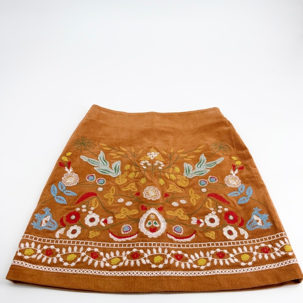 Simplee Embroidered Corduroy Mini Skirt Brown Boho Floral Women's Size Small